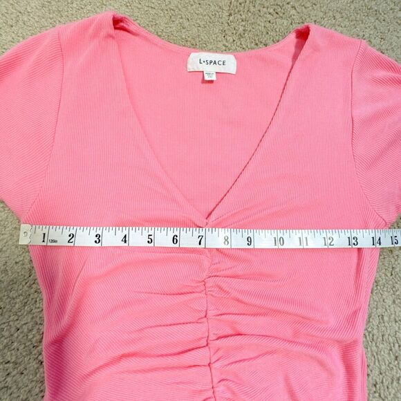 L Space Lani Pink Guava Ruched Mini Short Sleeve Stretch Dress Medium - Picture 8 of 9